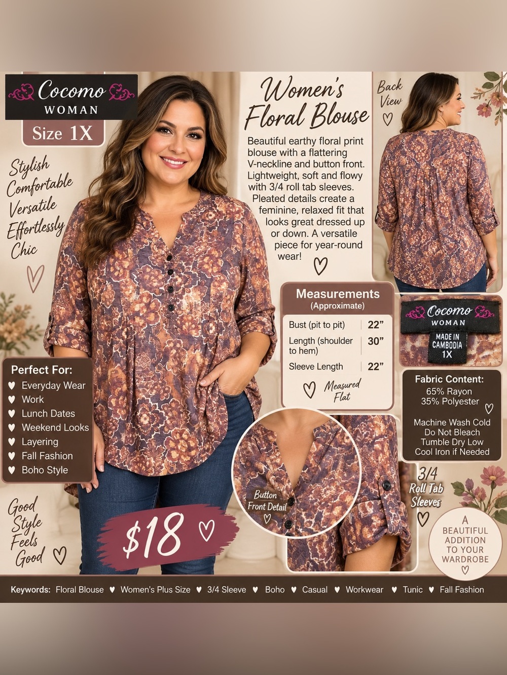 Cocomo purple and tan floral button-front tunic